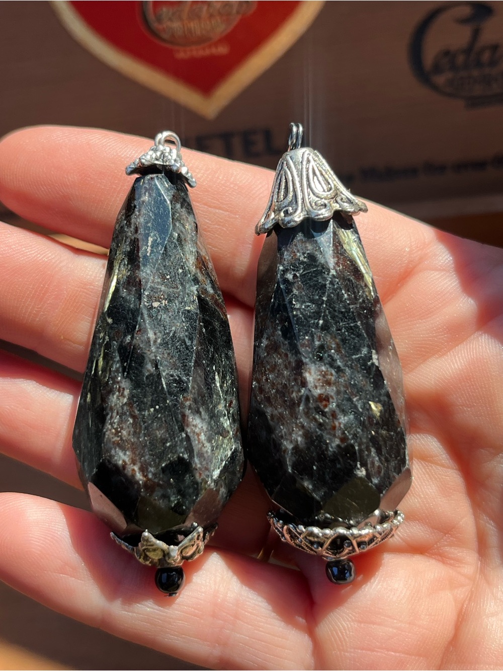 Two Faceted Stone Drop Pendants - Artisan Silver Cap - Smokey Quartz